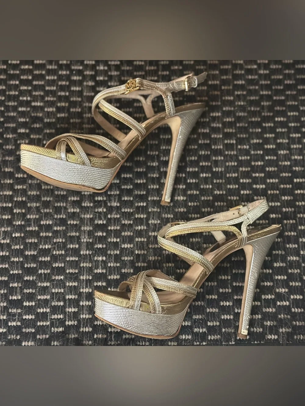 Michael Kors “Cicely” Silver & Gold Leather Strappy Platform Stiletto Heels
